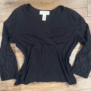 NORTON MCNAUCHTON Long Sleeve Black V-neck Blouse W/ Floral Lace Sleeves